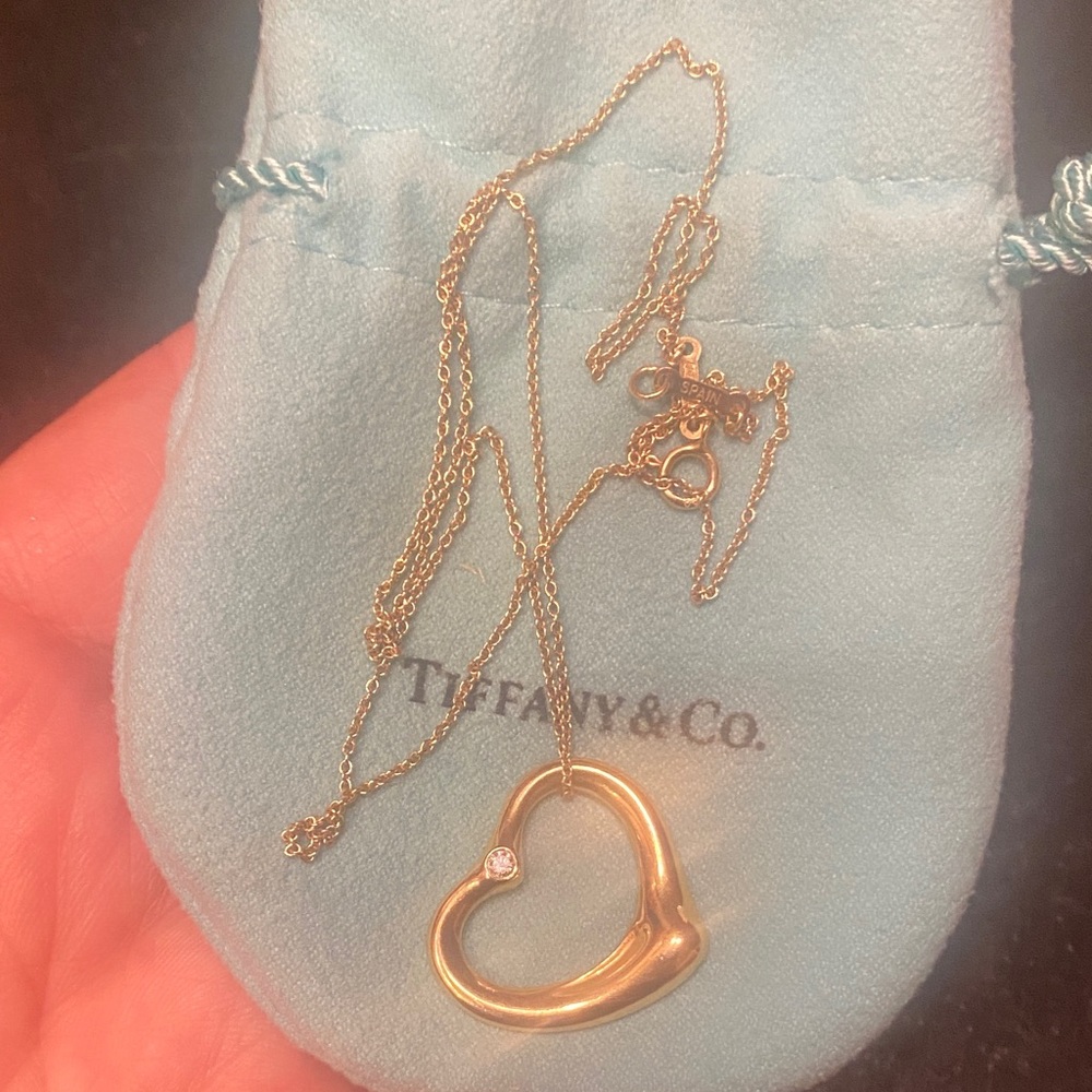 Tiffany & Co. 18K Elsa Peretti Open Heart Necklace with TWO Diamond Accents